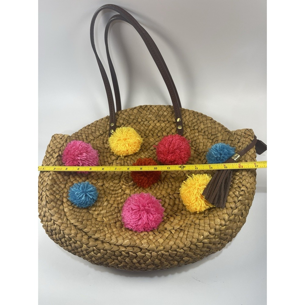 Sam Edelman Straw Yarn Multicolor Pom Poms Beach Bohemian Boho Casual Bag Tote - Picture 14 of 14